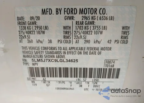 2020 Lincoln Aviator Reserve z USA, uszkodzony, nr VIN 5LM5J7XC9LGL34625